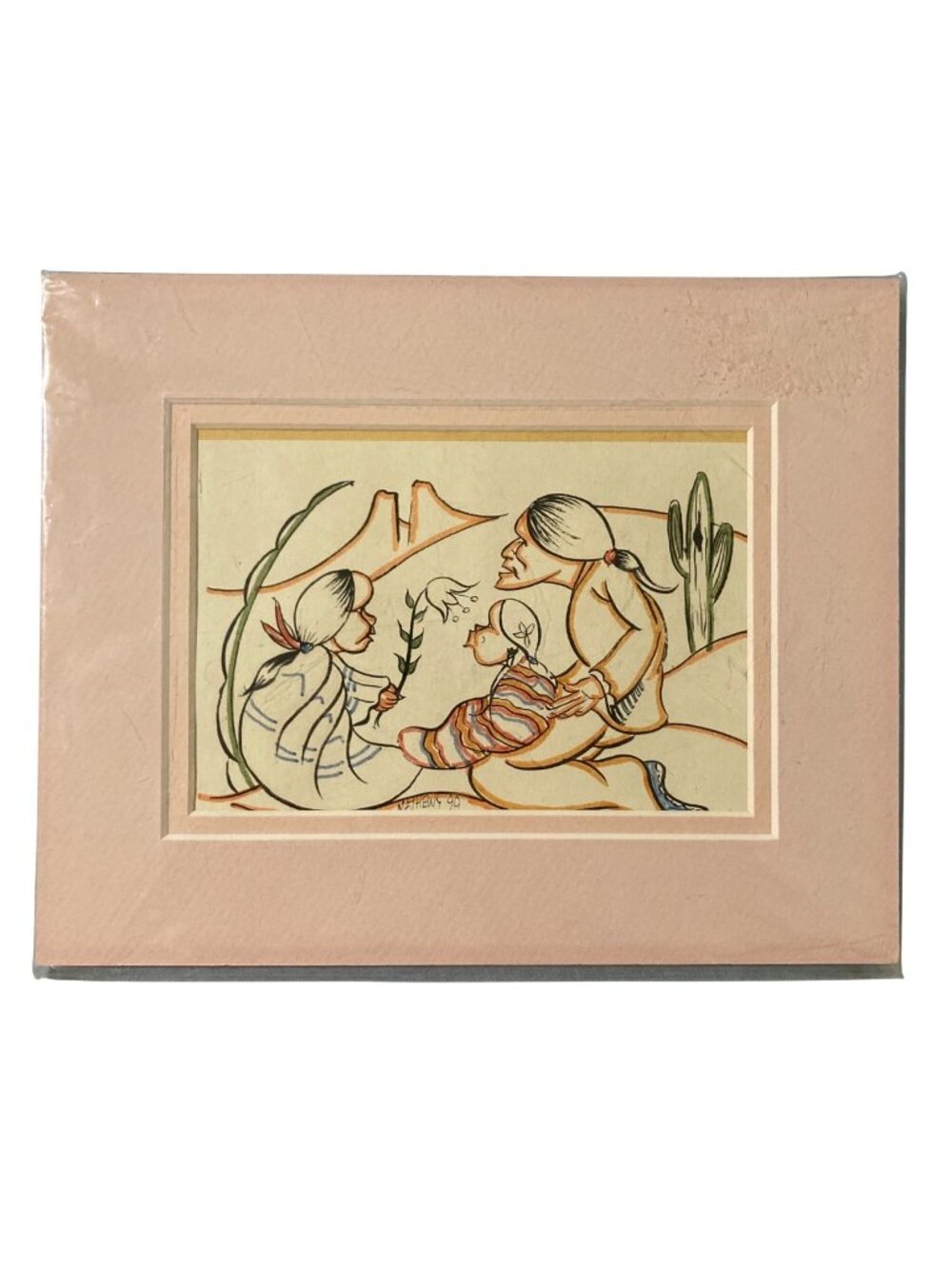 Native American Family Art Print By Mathews 1999 In Pink Matting 10x8 Inches